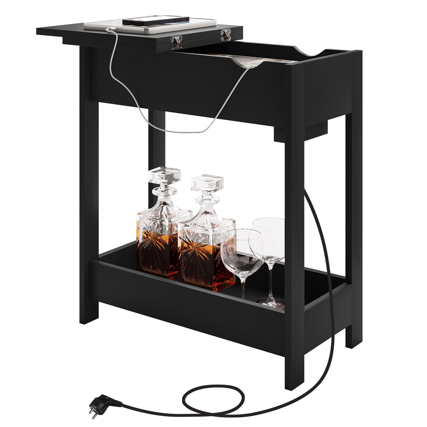 EUGAD 0002CHJ : table d'appoint avec prise électrique - plateau rabattable - 3 étagères de rangement - noir