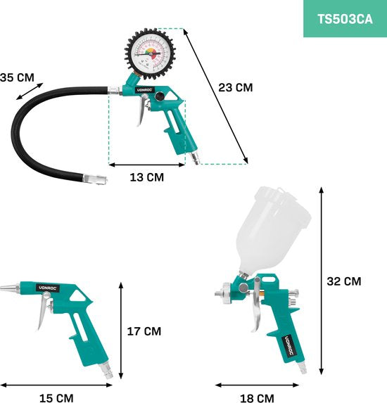 VONROC Air tool set - 4-piece - Tyre pump, air gun, paint sprayer and 5m spiral hose - Universal EURO/DIN 7.2mm coupling