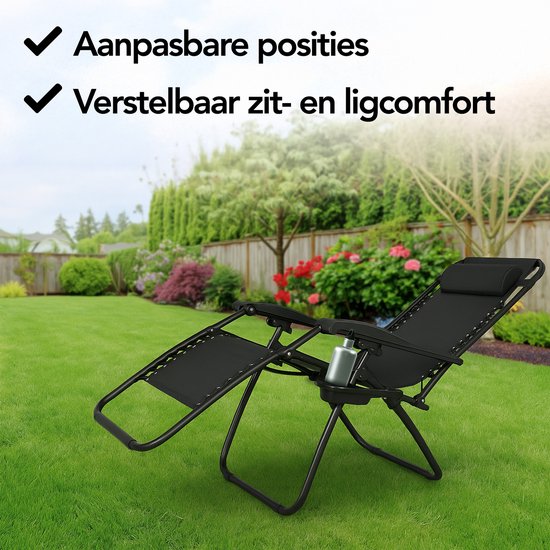 Lot de 2 chaises de jardin pliantes Brixy - Chaises longues - Pliantes - Réglables - Oreiller ergonomique - Métal - Textiline - Noir