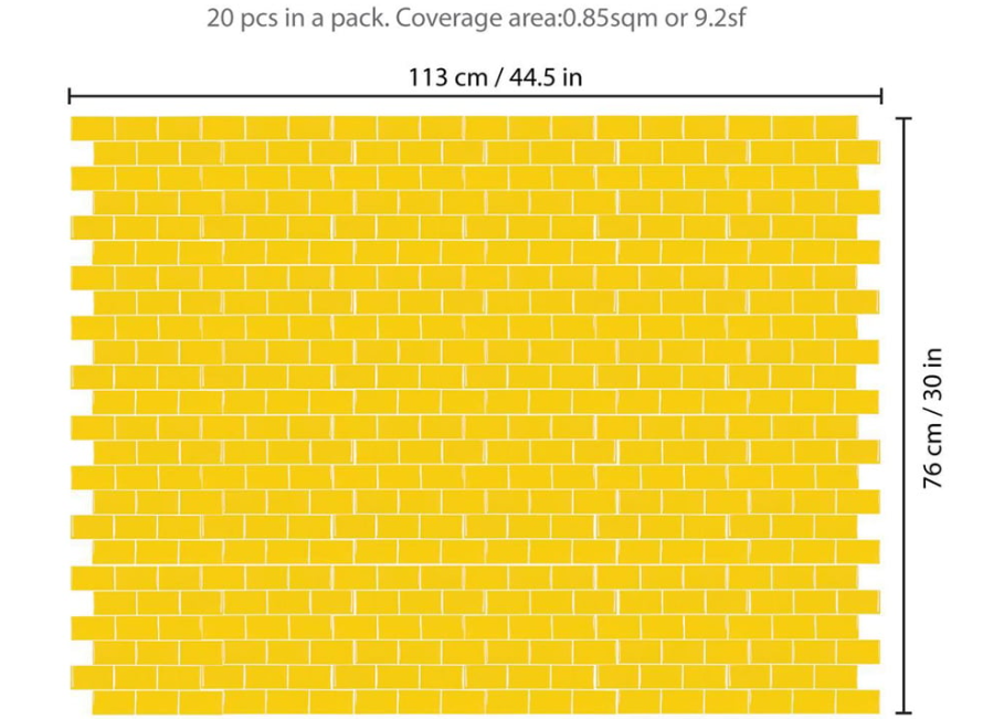 WALPLUS Pure Yellow Glossy Subway Peel & Stick Backsplash 3D Tile Stickers 20 pieces - 30.5 x 15.4 cm - Jaune