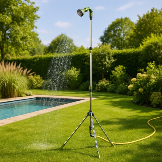 Douche de jardin Kinzo avec trépied - Douche d'extérieur ajustable jusqu'à 220 cm - 7 modes de pulvérisation