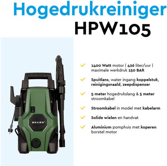 BRASQ HPW 105 - Nettoyeur de terrasse - Nettoyeur haute pression - 1400W - 105 bar - 426 L/H - Kit complet