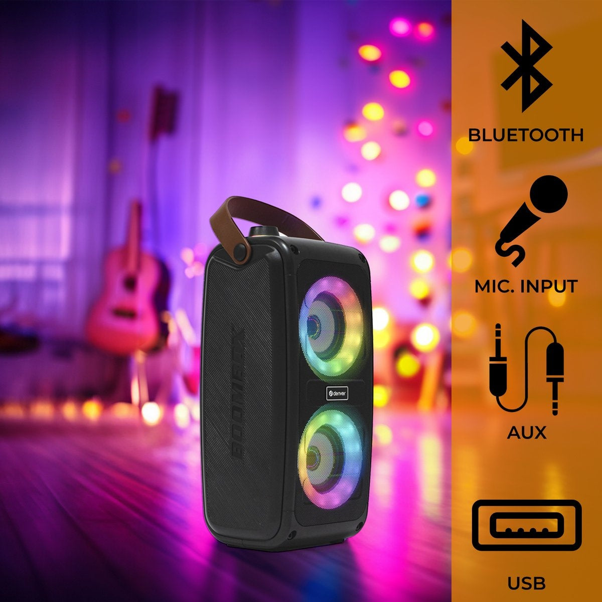 Denver Enceinte Bluetooth sans fil - Effets de lumière - Boîte à musique - AUX - TWS Pairing - BTV230 - Noir