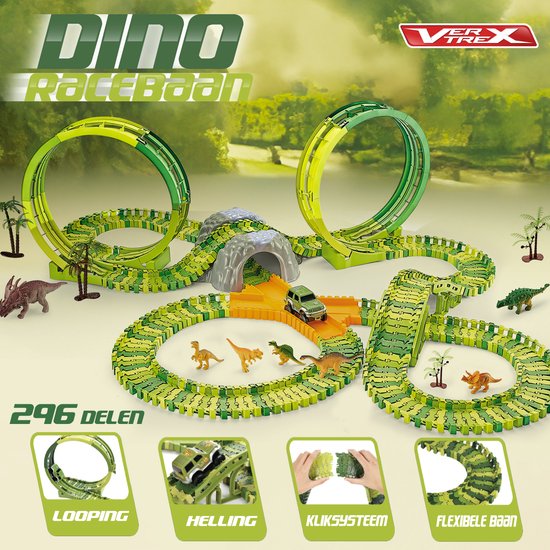 Vertrex 260 pièces Dinosaur Race Track XXL - Jouet Dino - Avec 2 voitures Safari autopilotées