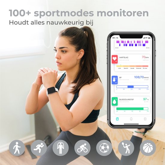 Nuvance - Smartwatch Hommes et Femmes avec Bluetooth - IP68 Waterproof - Convient à tous les Smartphones - Podomètre et moniteur de fréquence cardiaque - Argent