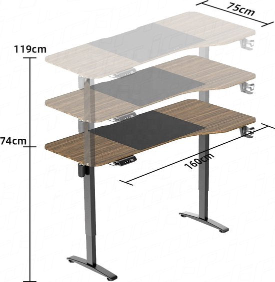 VDD Gaming - Bureau - Hauteur réglable électrique - Bureau assis-debout - Bureau de jeu - Table d'ordinateur - Bureau de jeu - Bureaux de jeu - 160 x 75 cm