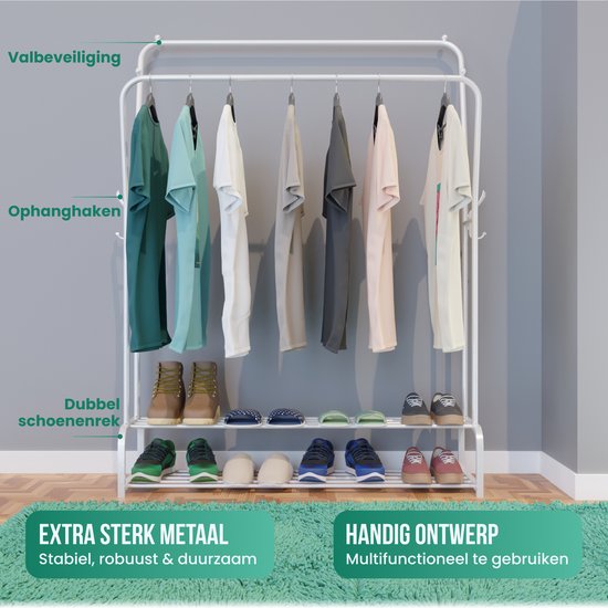 Avalo Rack à vêtements industriel Double Tige - Métal - 110x33x150 CM - Blanc - Rangement pour chaussures - Rack de penderie avec crochets