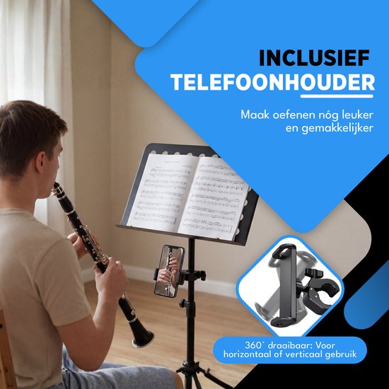 Finesse Music Stand for Sheet Music with Phone Holder - XL - Foldable - with Carrying Bag - Lectern - for Tablet - Black