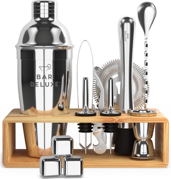 BarDeluxe® Cocktail Set - 13-Piece - Cocktail Shaker 750 ml with Bamboo Stand, Recipe Book & Whiskey Stones - Luxury Gift Package