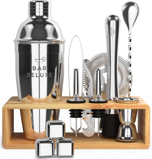 BarDeluxe® Cocktail Set - 13-Piece - Cocktail Shaker 750 ml with Bamboo Stand, Recipe Book & Whiskey Stones - Luxury Gift Package