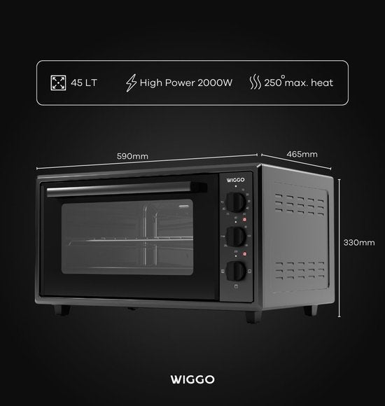Wiggo WMO-E456(B) - Mini-four autonome - Électrique - 60 cm - 45 litres - 2 000 W - Garantie 5 ans - Noir