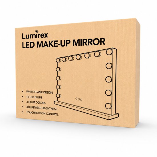 Miroir Lumirex Hollywood 58 x 46 cm - Miroir de maquillage éclairé - 15 LED - Intensité réglable - 3 couleurs de lumière - Commande tactile - Alimentation secteur - Miroir de maquillage - Blanc