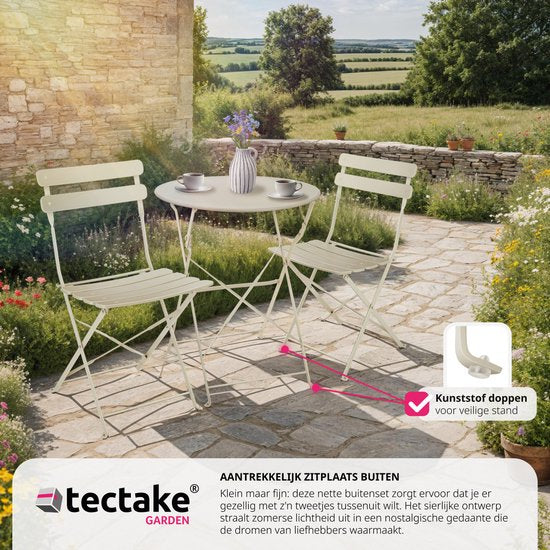 tectake® - Ensemble bistro pliant pour 2 avec structure en acier, table et chaises de jardin - Pour balcon et terrasse - Ensemble extérieur - Ensemble de jardin - Table et chaises pliantes - design élégant - crème