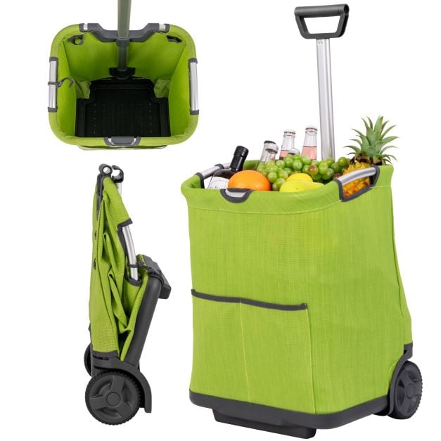 Chariot de courses pliant Coast - Capacité 50L - Design pliable - Structure en aluminium - 2 roues - Hauteur réglable - 3 compartiments de rangement - Vert
