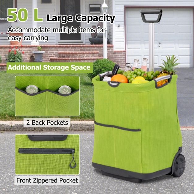 Chariot de courses pliant Coast - Capacité 50L - Design pliable - Structure en aluminium - 2 roues - Hauteur réglable - 3 compartiments de rangement - Vert