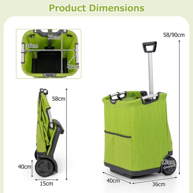 Chariot de courses pliant Coast - Capacité 50L - Design pliable - Structure en aluminium - 2 roues - Hauteur réglable - 3 compartiments de rangement - Vert