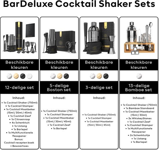 BarDeluxe® Cocktail Set - 12-Piece - Cocktail Shaker 750 ml - Stainless Steel - Includes Luxury Gift Box - Storage Bag & Recipe Book - Black