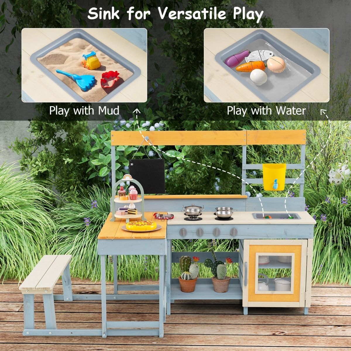 Cuisine jouet Coast pour enfants - Cuisine jouet et coin repas 2-en-1 - avec rangements et accessoires - gris - 150 x 71 x 99 cm