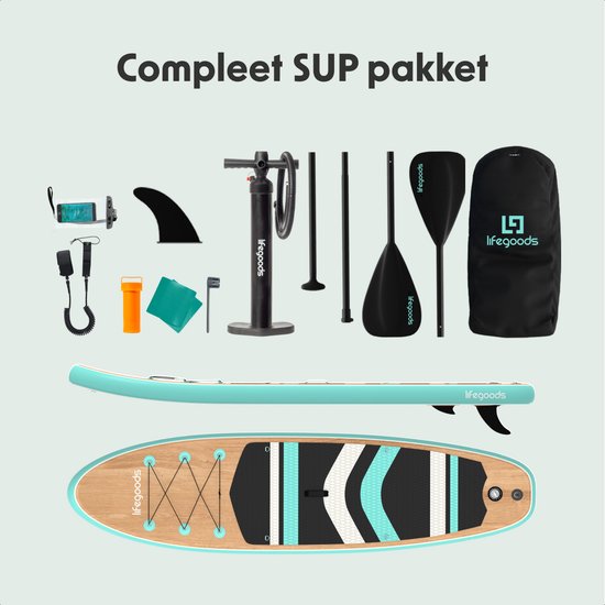 LifeGoods PaddlePro SUP Board - Planche à pagaie gonflable - Ensemble complet - Max. 150KG - 320x81cm - Bois/Vert Menthe