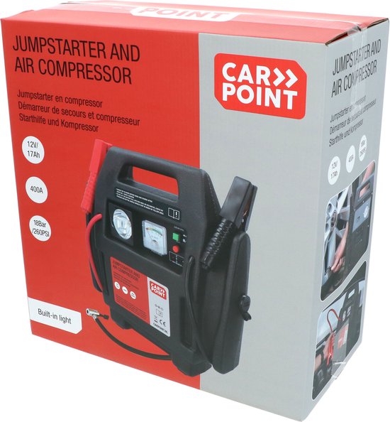 Carpoint Jumpstarter - 12 Volt - Avec compresseur d'air - Puissance de pointe 400A - Chargement avec adaptateur 230 Volt ou 12 Volt - Pression maximale du compresseur 18 BAR/260 PSI - Eclairage LED intégré - Dimensions 365x345x175mm