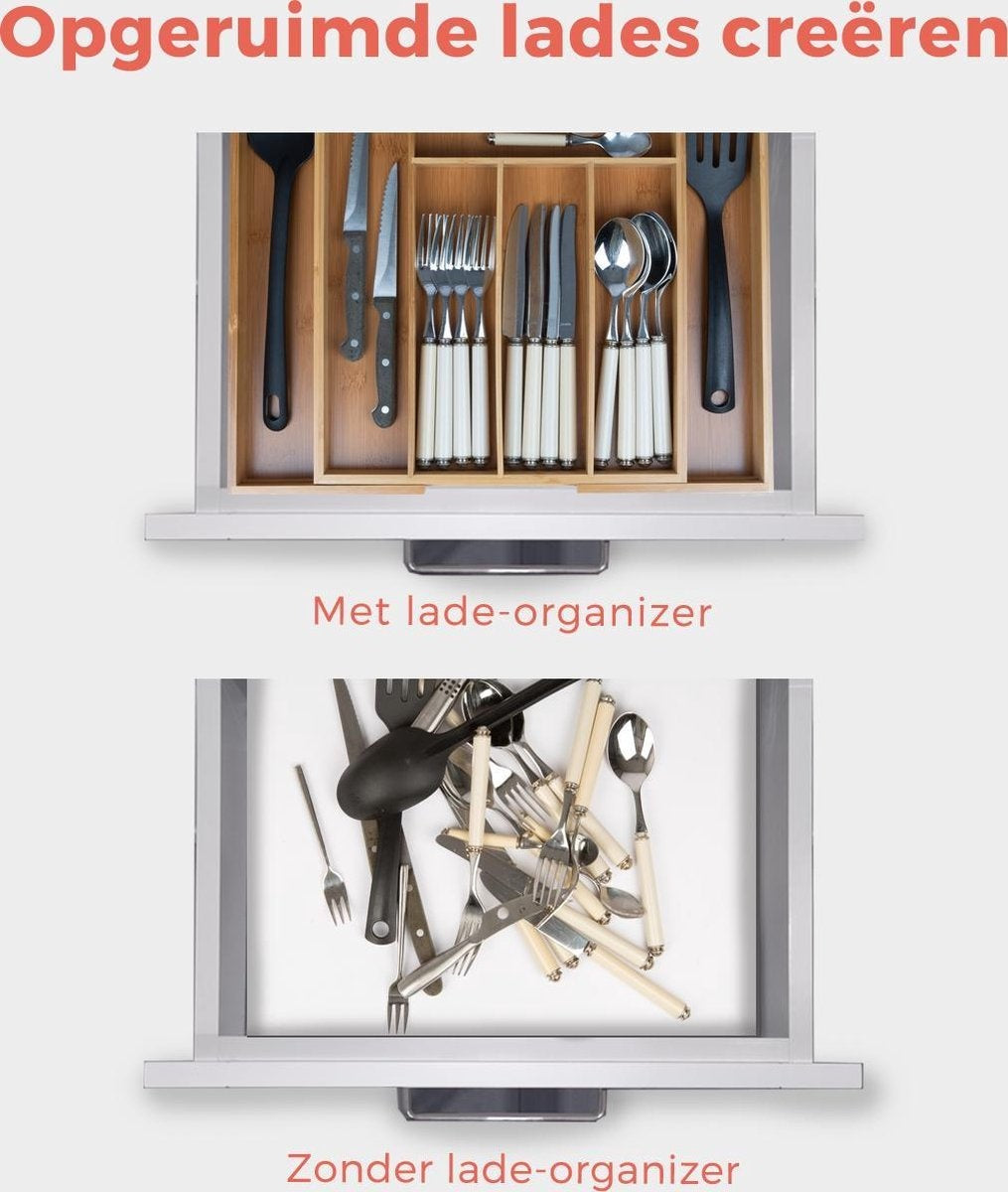 KitchenBrothers Range-couverts - Tiroir à couverts réglable - 30 à 44.5cm - Bois de bambou