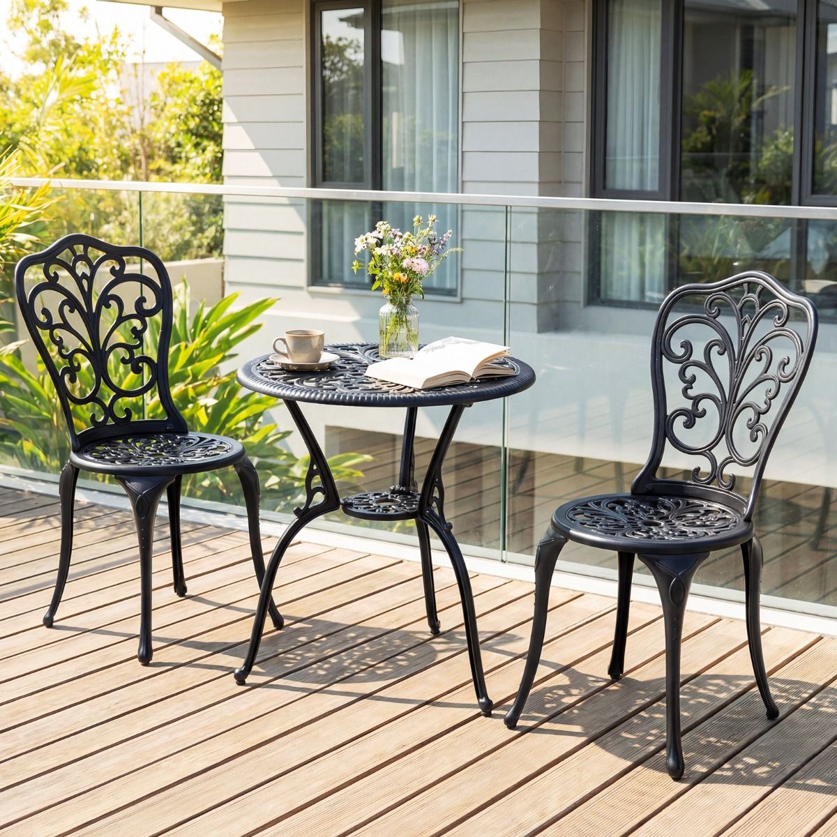 Ensemble de bistrot Coast 3 pièces - aluminium moulé - trou pour parasol - dossiers en forme de papillon - noir