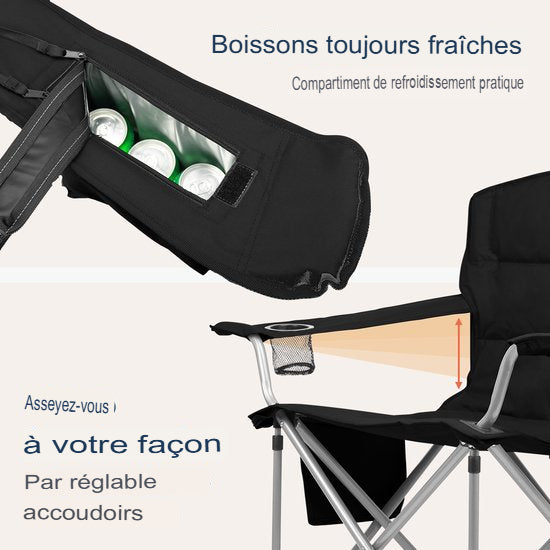 TRVLMORE Chaise de camping - Pliable - Chaise pliante confortable - Capacité de charge de 150 kg - Porte-boisson - Compartiment pour glacière - Poche latérale - Noir