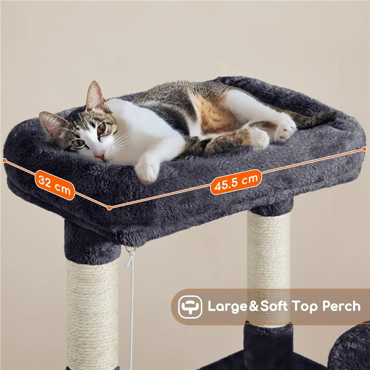 Yaheetech Cat Post With 5 Sisal Poles - Equipped With Padded Viewing Platform And Hammock And Cat Burrow - For 2 To 3 Small And Medium Cats - Dark Grey Plush And Metal - 43,5 x 43,5 x 106 cm
