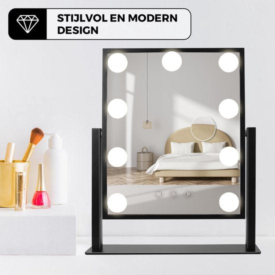 Bayt - Miroir avec éclairage - Miroir hollywoodien avec éclairage - Miroir de maquillage avec éclairage - Dimmable - Grossissement 10x - 36 x 30 cm - Noir