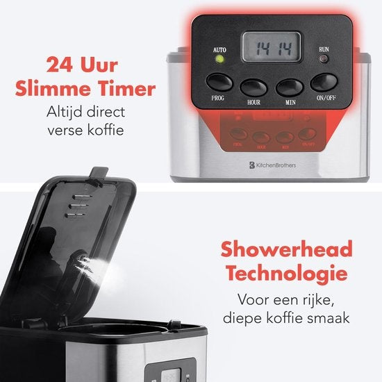 Cafetière KitchenBrothers - Avec pichet en verre - 12 tasses - Noir