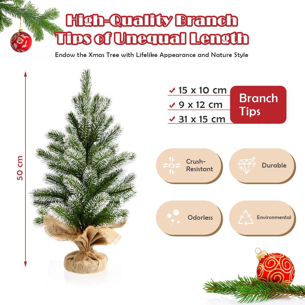 Coast Mini Arbre de Noël Artificiel - Table Top avec pied en ciment - Toile de lin - 50 cm - Vert avec blanc