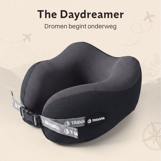 TRAVARA Oreiller cervical « The Daydreamer » - Oreiller de voyage en mousse à mémoire de forme « Duo Density » - Pour l'avion et la voiture - Mousse à mémoire de forme - Gris foncé
