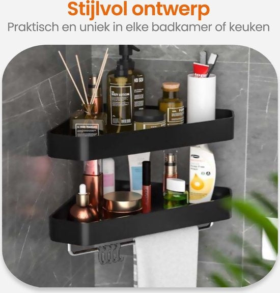 Goliving Support de douche 2 couches - Support de douche sans perçage - Support de douche d'angle - Panier de douche - Support de salle de bain - Accessoires de salle de bain - Noir