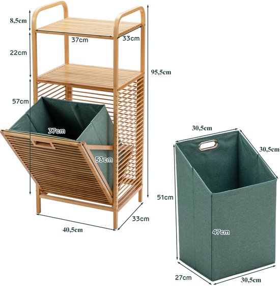 Meuble de salle de bains Coast 40,5 x 33 x 95,5 cm - Panier à linge à bascule - 2 étagères de rangement - Bambou/Toile