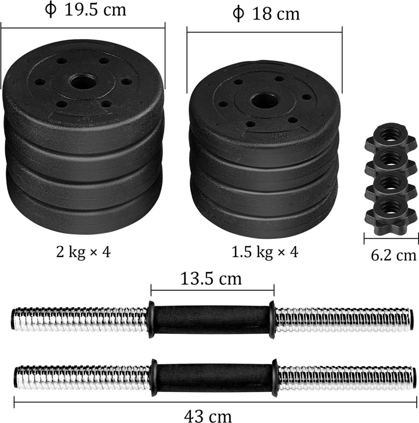 Yaheetech set d'haltères réglable 2x 15 kg noir - haltère 33.7 cm - poignée Ø30 mm