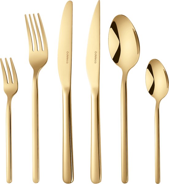 Deleca 6 Person Luxury Stainless Steel Cutlery Set Amor (36 pieces) - Spoons, Knives, Forks, Steak Knives & Pastry Forks - Lave-vaisselle - Gold Design Cutlery - 18/0 Stainless Steel