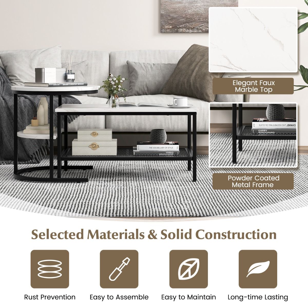 Ensemble de tables d'appoint Coast - table basse et table d'appoint - plateau aspect marbre - noir et blanc