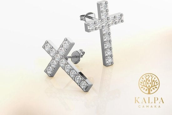 Yolora Boucles d'oreilles Femme Croix - Cristaux Kalpa Camaka - Argent - Plaqué Or Blanc 18K - Boucles d'oreilles Femme Argent - Bijoux - Coffret Luxe - Boîte Cadeau - Bel Emballage Cadeau - Cadeau Fête des Mères