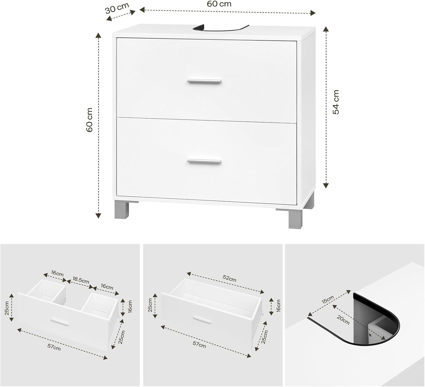 Meuble sous-lavabo eSituro à 2 tiroirs - Meuble de salle de bains avec emplacement pour siphon - Blanc - 60 x 30 x 60 cm