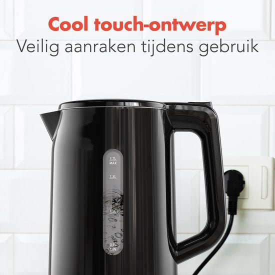 KitchenBrothers Bouilloire - Électrique - 1,7 litre - Avec filtre à calcaire - Double paroi - Cool-touch - Noir