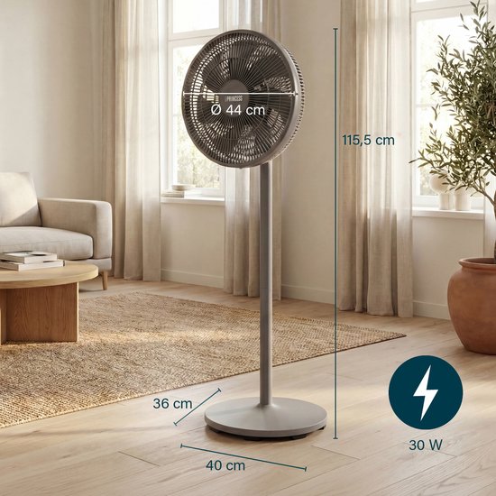 Ventilateur sur pied Princess DC – Ultra silencieux - ⌀44 cm – 12 vitesses – Oscillation – Minuterie 1 à 8 heures – Avec télécommande – 30 W – Gris - 354822