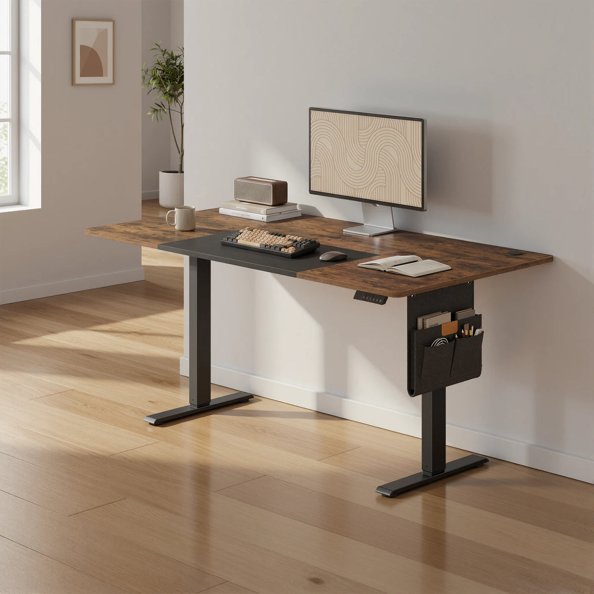 Bureau réglable en hauteur Joyfurnos avec fonction mémoire - Port USB-C - 160 x 70 cm - Marron-Noir