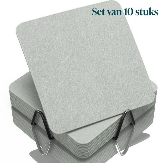 Sous-verres en simili cuir Castagnola – Sous-verres pour verres – Sous-verres design avec support – Lot de sous-verres en cuir avec support métallique – Cuir – Lot de 10 – Vert clair – 10 x 10 cm