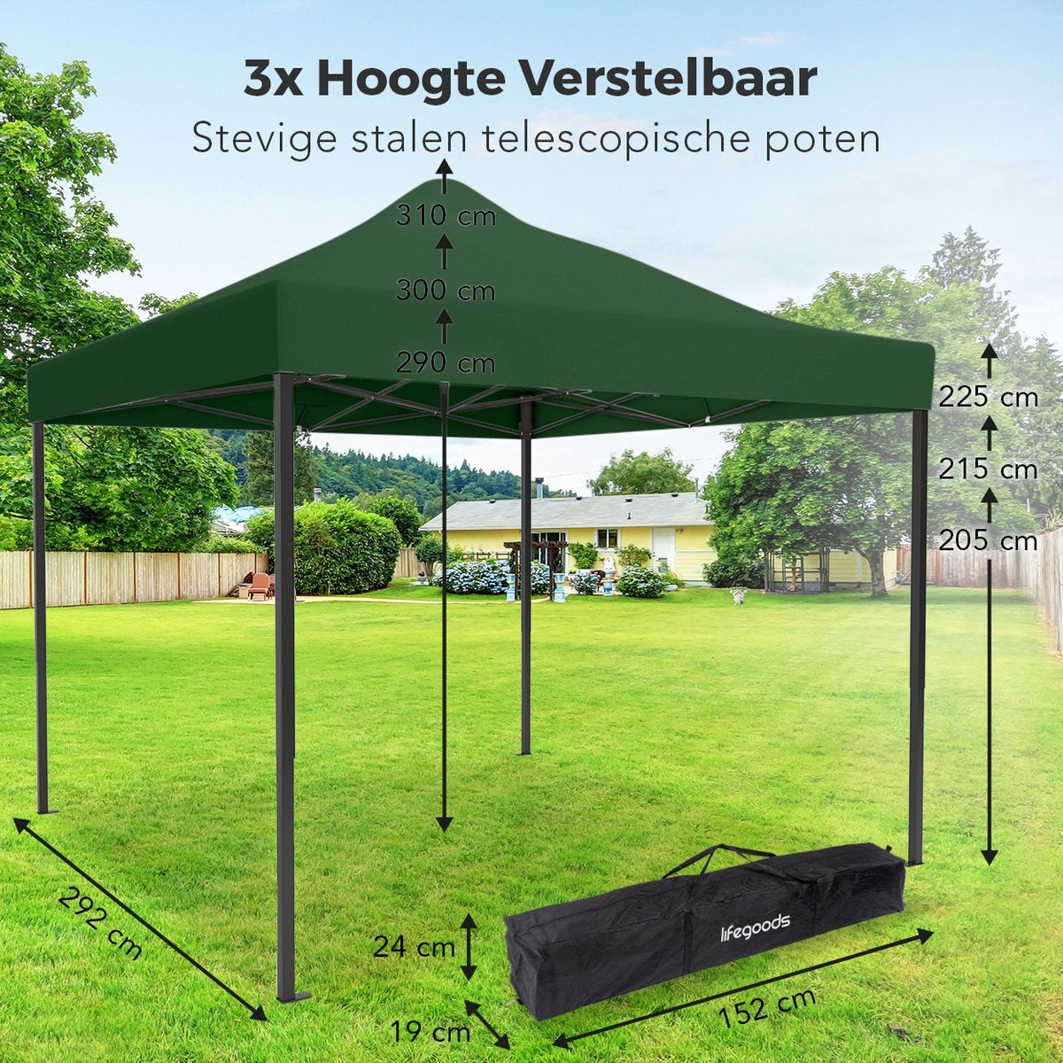 Chapiteau de jardin LifeGoods - 3x3 m - Pliable - Etanche - Sac de transport à roulettes - Vert foncé
