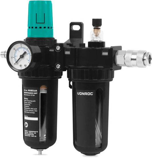 VONROC Air care unit - Déshumidificateur d'air comprimé, régulateur de pression et pulvérisateur d'huile - entretien et maintenance d'outils pneumatiques - 100-300 l/min - 0-10 bar - Raccord universel EU-RO/DIN 7.2mm