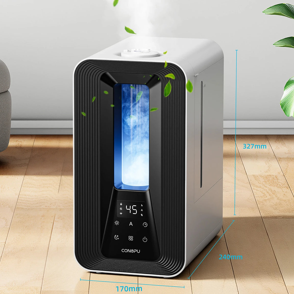 Humidificateur à ultrasons Conopu 5 L - Contrôle intelligent de l'humidité - Buses de pulvérisation à 360° - Diffuseur d'arômes - Éclairage d'ambiance LED - Noir - 170 x 240 x 327 mm