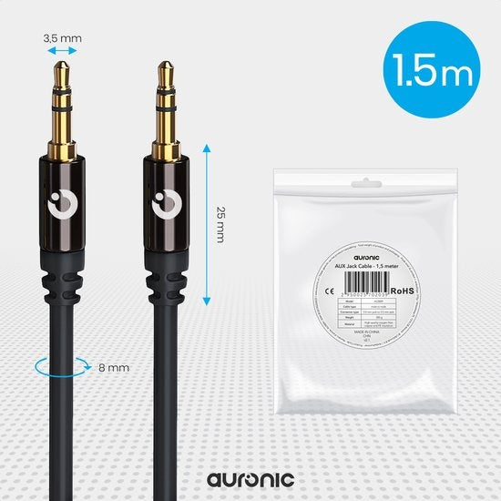 Auronic AUX Cable - Câble audio 1.5M - 3.5 mm - Mâle à Mâle - Noir
