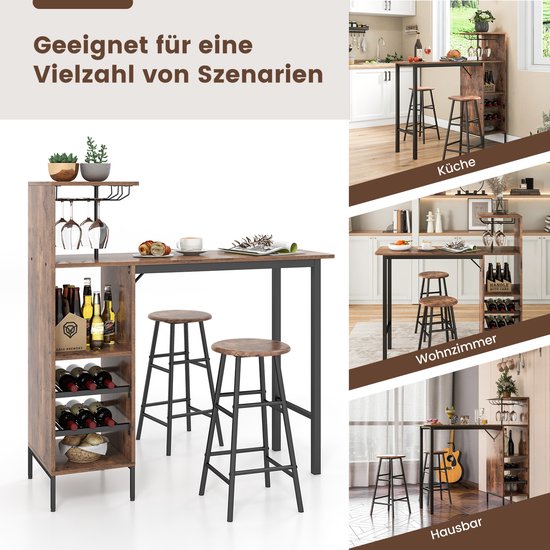 Table de bar Coast avec tabouret de bar, ensemble pour 2 personnes, avec porte-verres à vin et porte-bouteilles, comptoir pour le salon, la salle à manger et la cuisine (couleur café)