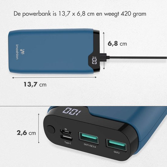 Batterie externe - imoshion - 20000 mAh - Chargeur rapide 22,5W - USB C & USB A - Powerbank adapté à iOS/Android - Bleu foncé