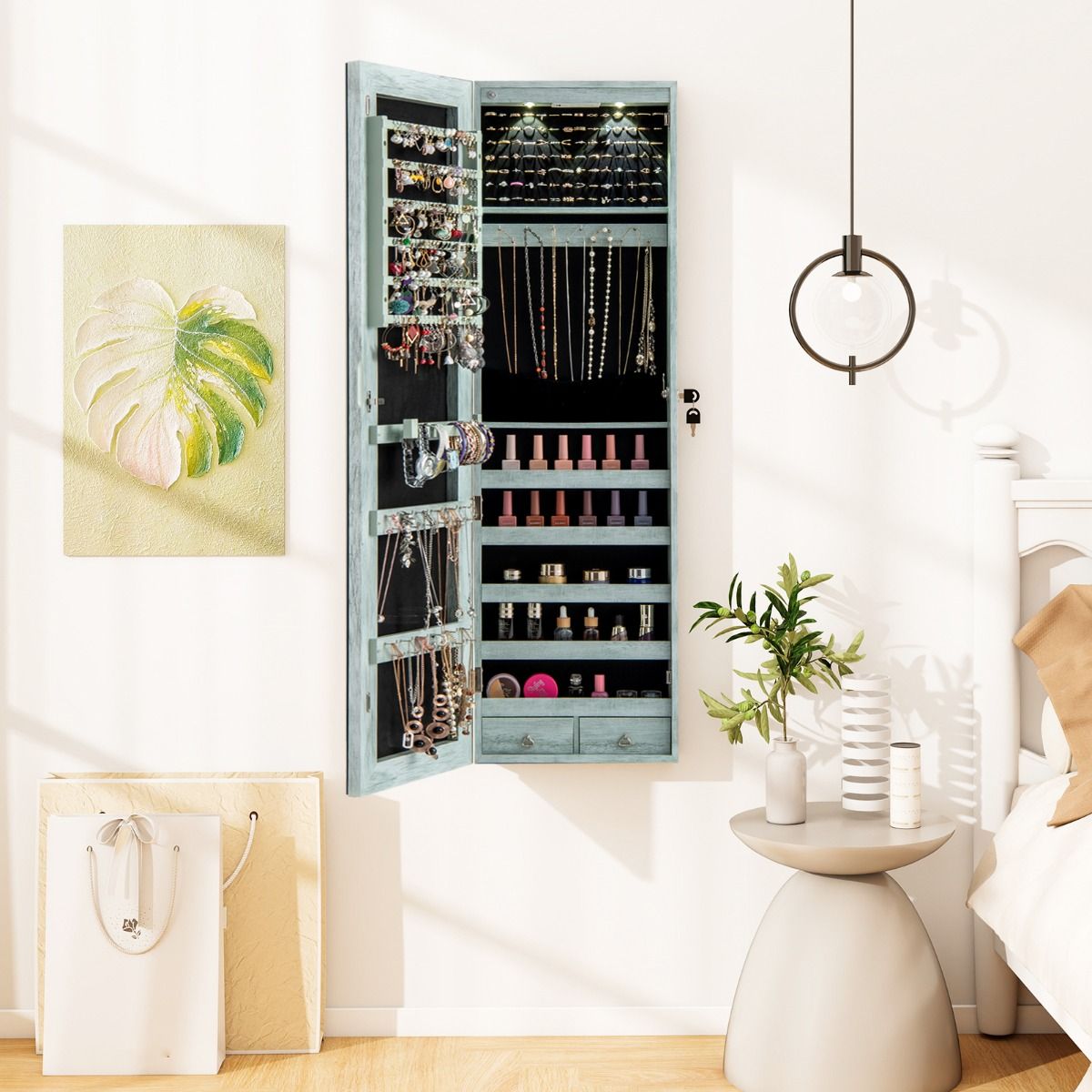 Coiffeuse Coast avec éclairage LED - miroir verrouillable - plateau de maquillage rabattable - vert - 120 x 35,5 x 10 cm